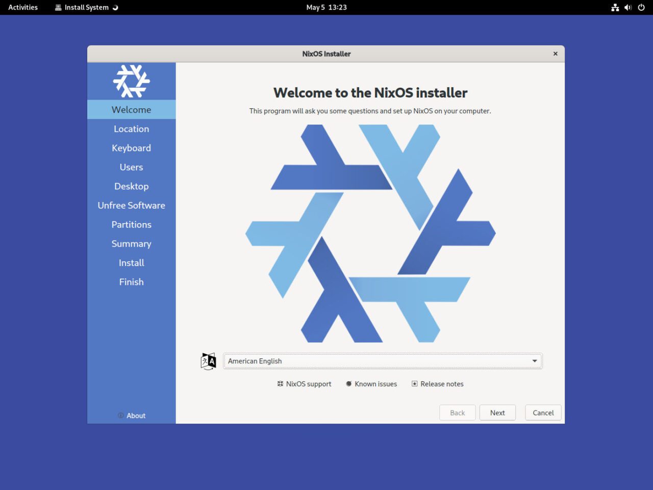 NixOS installer welcome screen displayed.